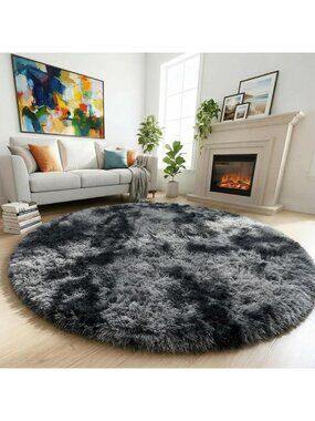 〽️Dark Grey Cool Round Rug 4Ft Men Bedroom Living Room Fluffy Shag Carpet